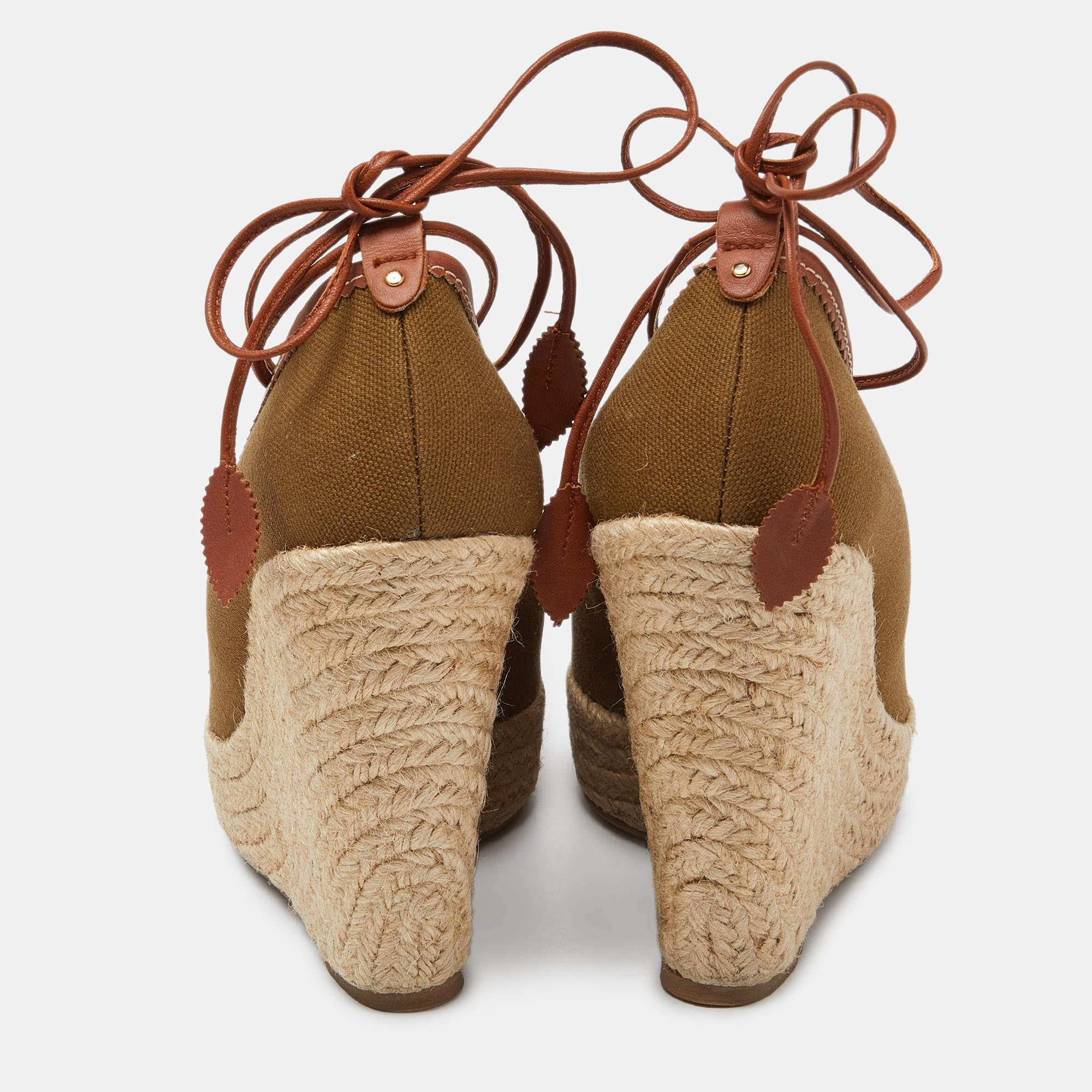 De las mujeres Sergio Rossi Sandalias alpargatas de lona marrón con cuña y atadas al tobillo talla 39 en venta