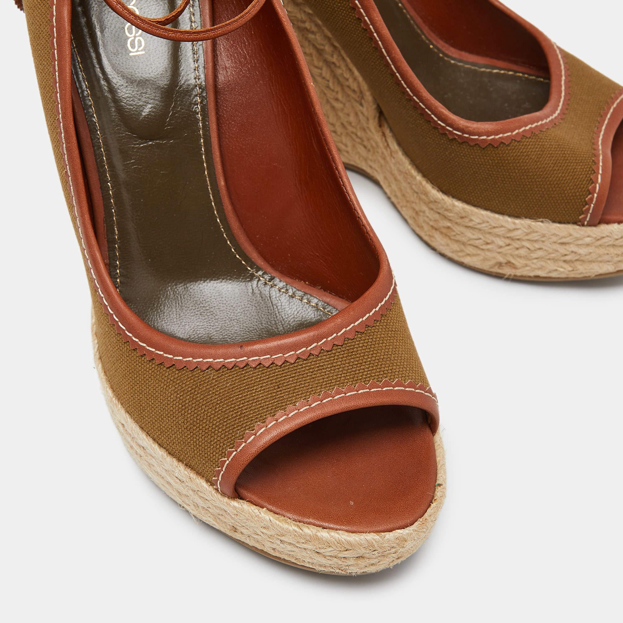 Sergio Rossi Sandalias alpargatas de lona marrón con cuña y atadas al tobillo talla 39 en venta 2