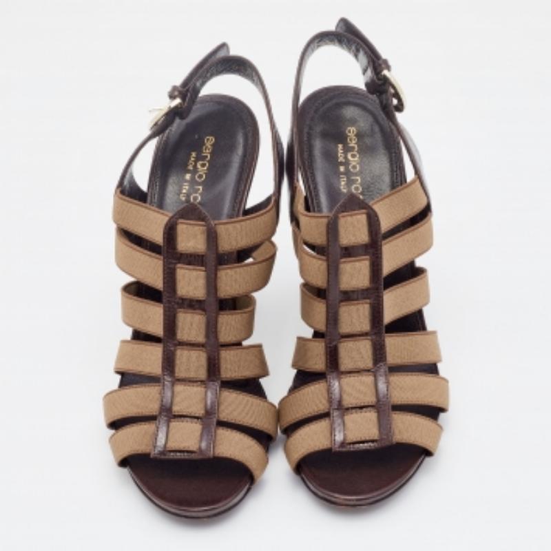 Sergio Rossi Sandalias de tiras elásticas y piel marrón/gris talla 37 en venta 4
