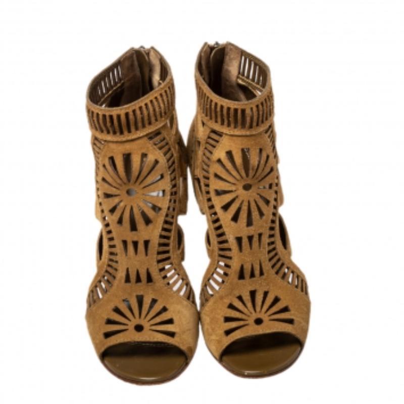 Sergio Rossi Brown Laser Cut Suede Open Toe Booties Size 36 For Sale 4