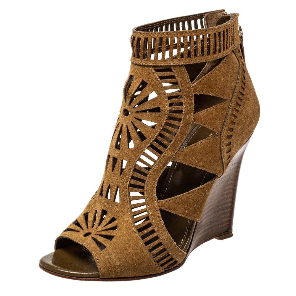 Sergio Rossi Brown Laser Cut Suede Open Toe Booties Size 36 For Sale
