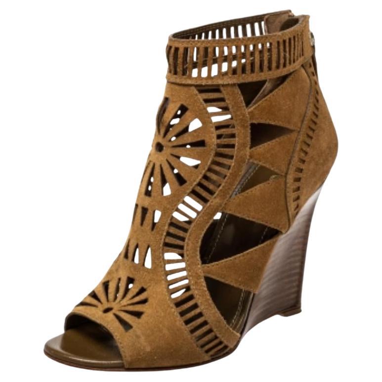 Sergio Rossi Brown Laser Cut Suede Open Toe Booties Size 36 For Sale