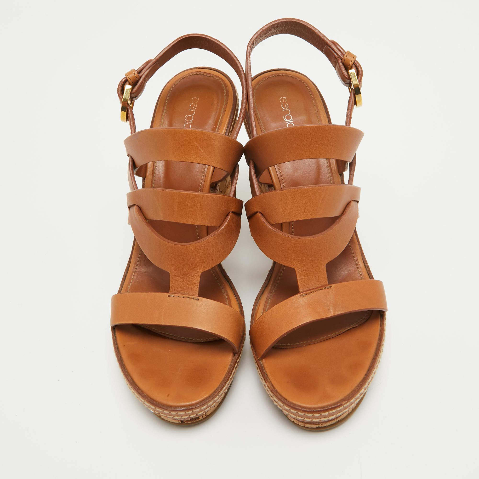 Sergio Rossi Brown Leather Cork Heel Ankle Strap Sandals Size 39 In Good Condition In Dubai, Al Qouz 2