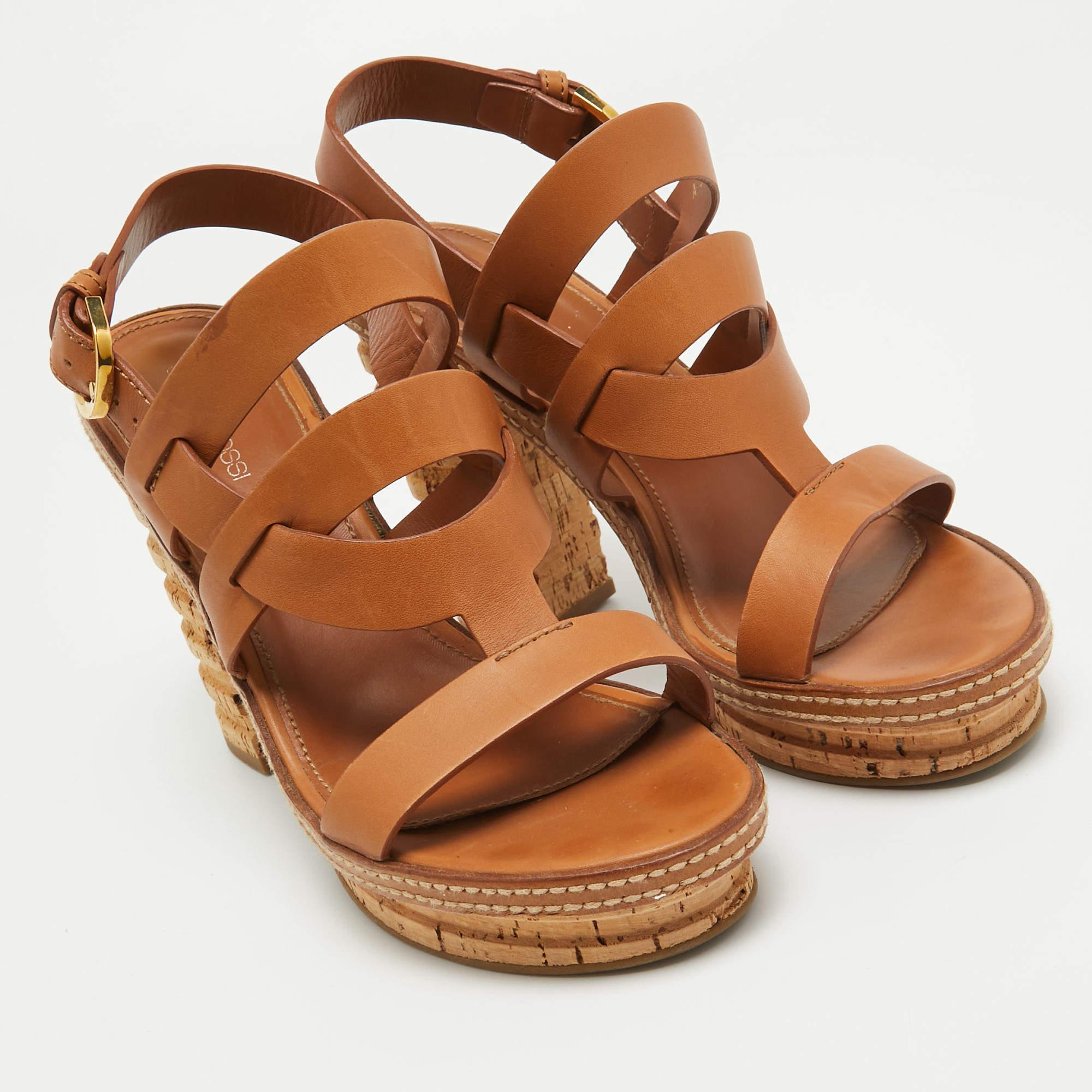 Women's Sergio Rossi Brown Leather Cork Heel Ankle Strap Sandals Size 39