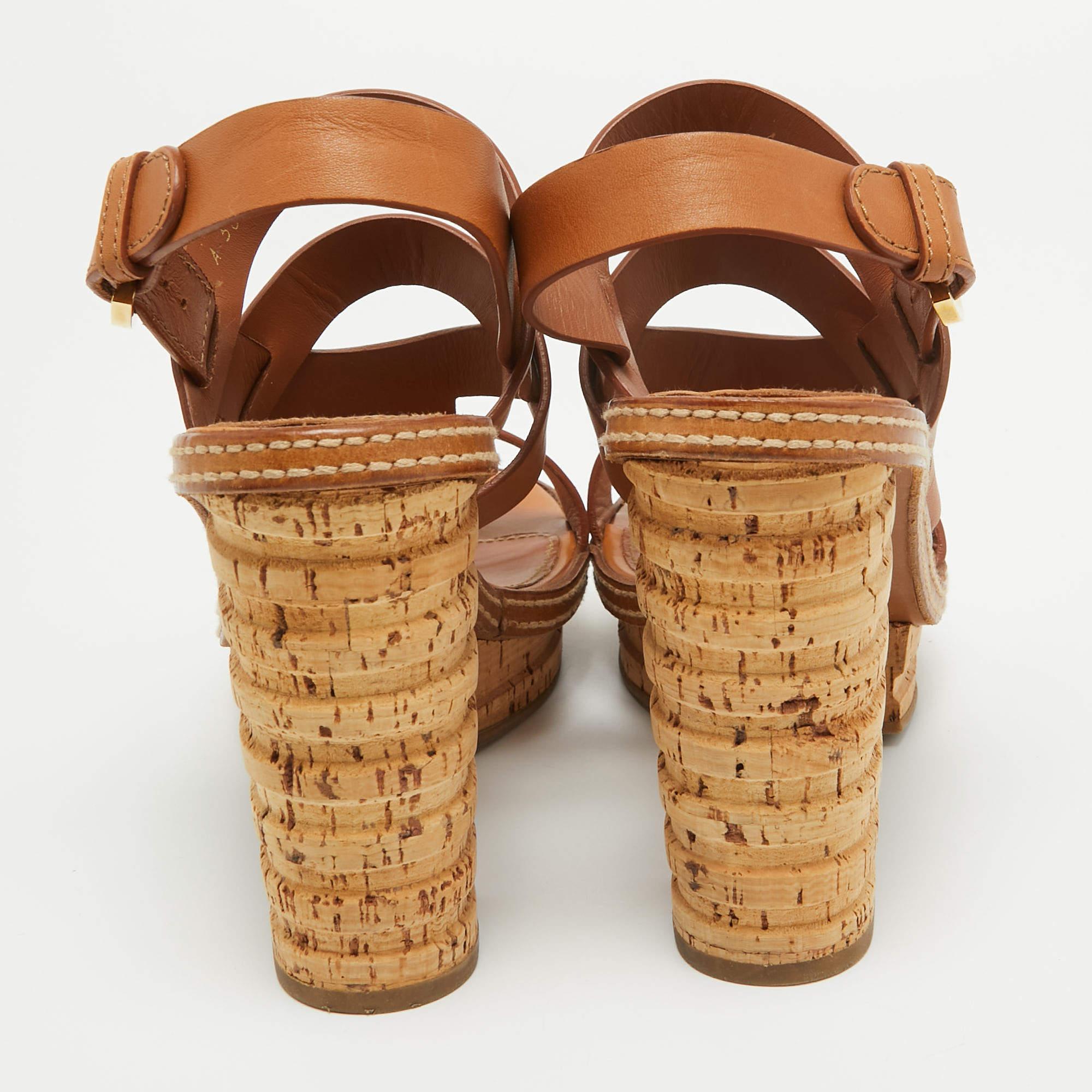 Sergio Rossi Brown Leather Cork Heel Ankle Strap Sandals Size 39 1
