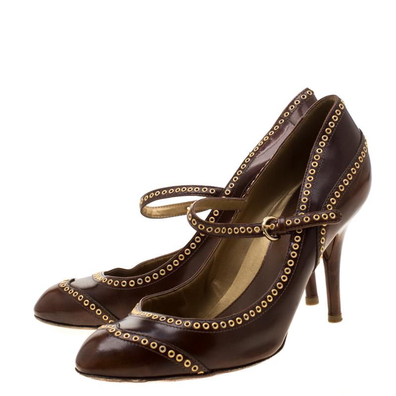 Black Sergio Rossi Brown Leather Eyelets Strap Pumps Size 37.5 For Sale