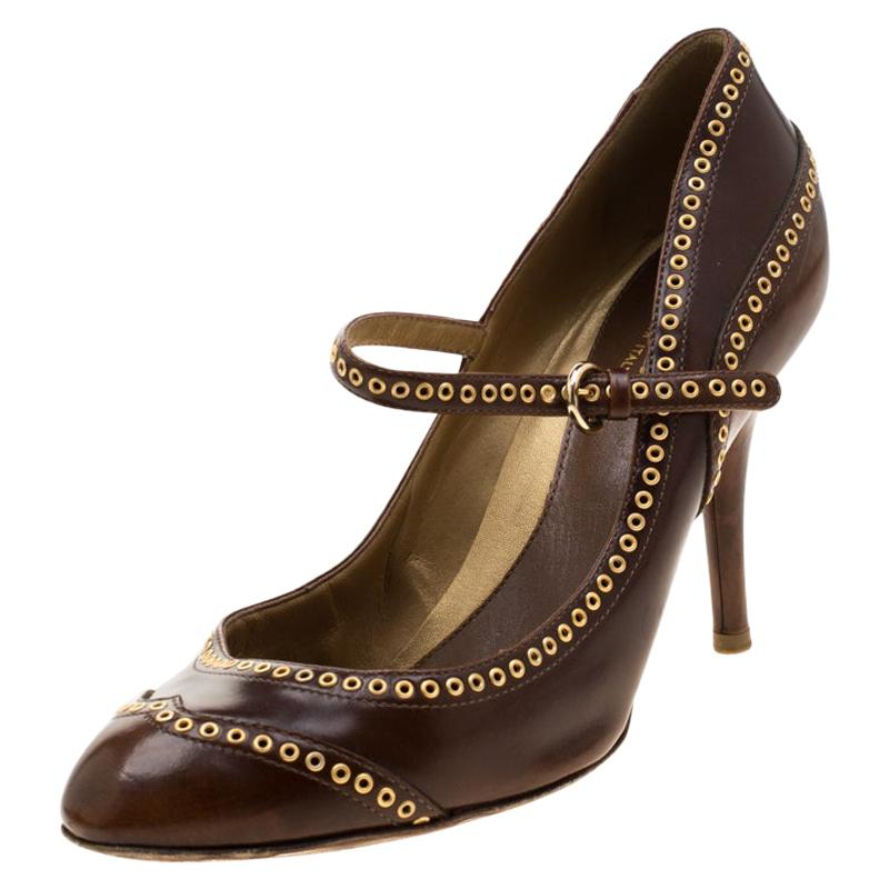 Sergio Rossi Brown Leather Eyelets Strap Pumps Size 37.5 For Sale