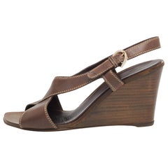 Sergio Rossi Brown Leather Slingback Wedge Sandals Size 38.5 Sergio Rossi Brown Leather Slingback Wedge Sandals Size 38.5