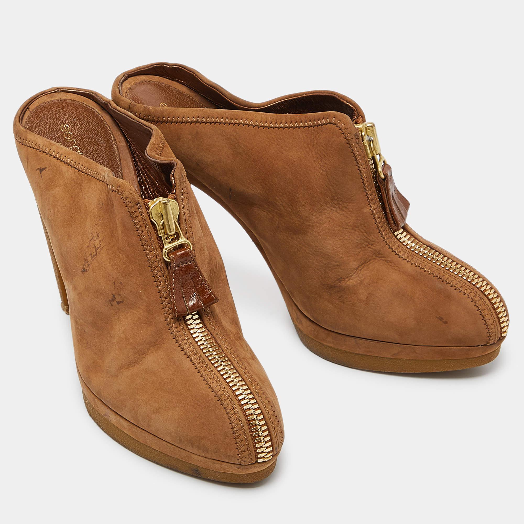 Women's Sergio Rossi Brown Nubuck Leather Zip Platform Mules Size 38.5 For Sale