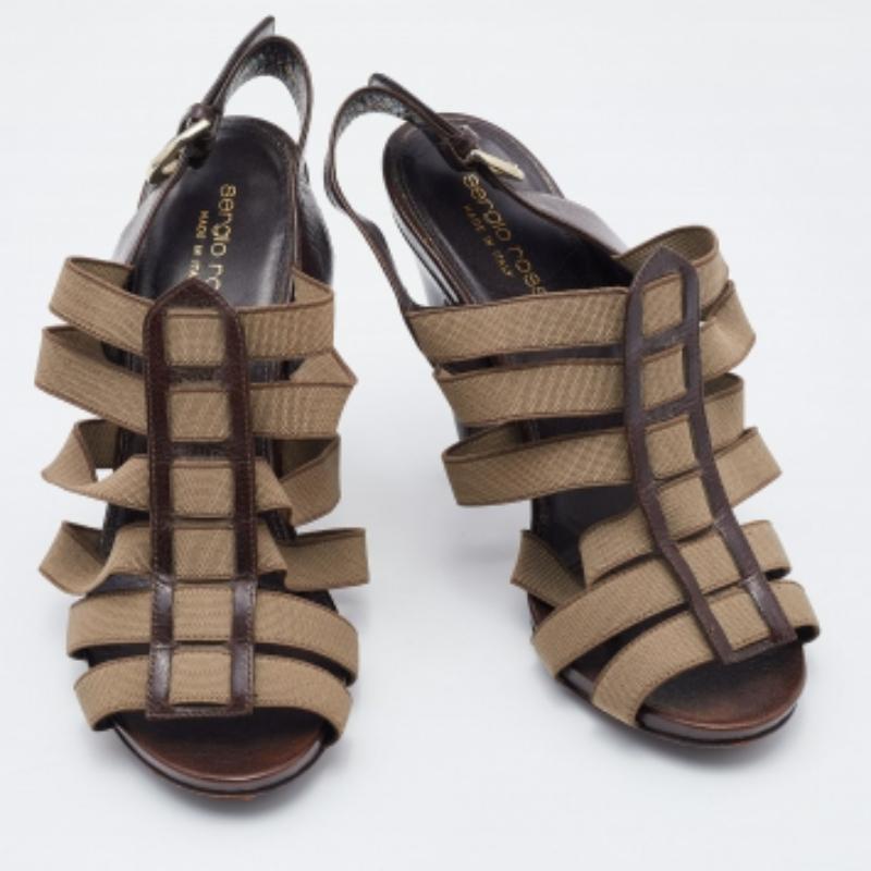 Gris Sergio Rossi Sandales à lanières en cuir et élastiques Brown/Olive Taille 37 en vente