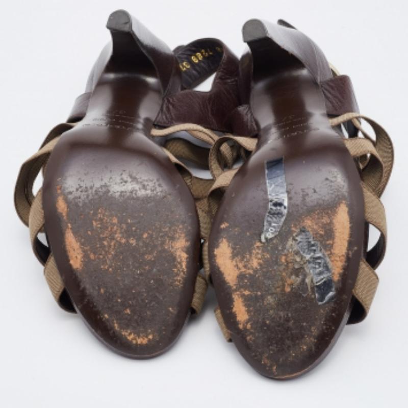 Sergio Rossi Sandales à lanières en cuir et élastiques Brown/Olive Taille 37 en vente 2