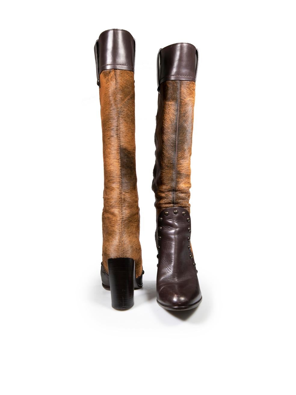Sergio Rossi Brown Pony Hair Stud Knee High Boots Size IT 40.5 In Good Condition For Sale In London, GB