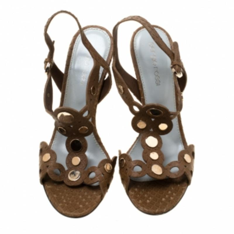 Sergio Rossi Brown Python Studded T Strap Sandals Size 36.5 en vente 1