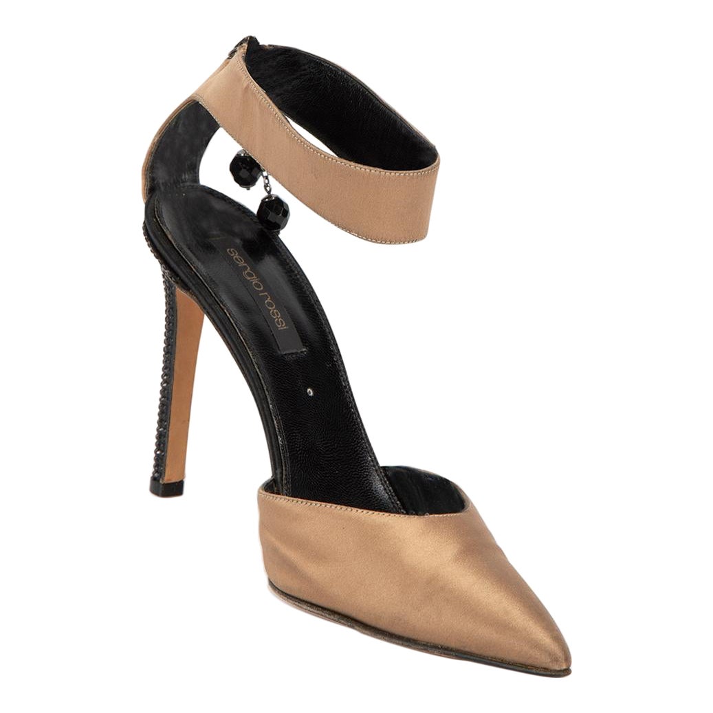 Sergio Rossi Brown Satin Ankle Strap Crystal Details Heels Size IT 37