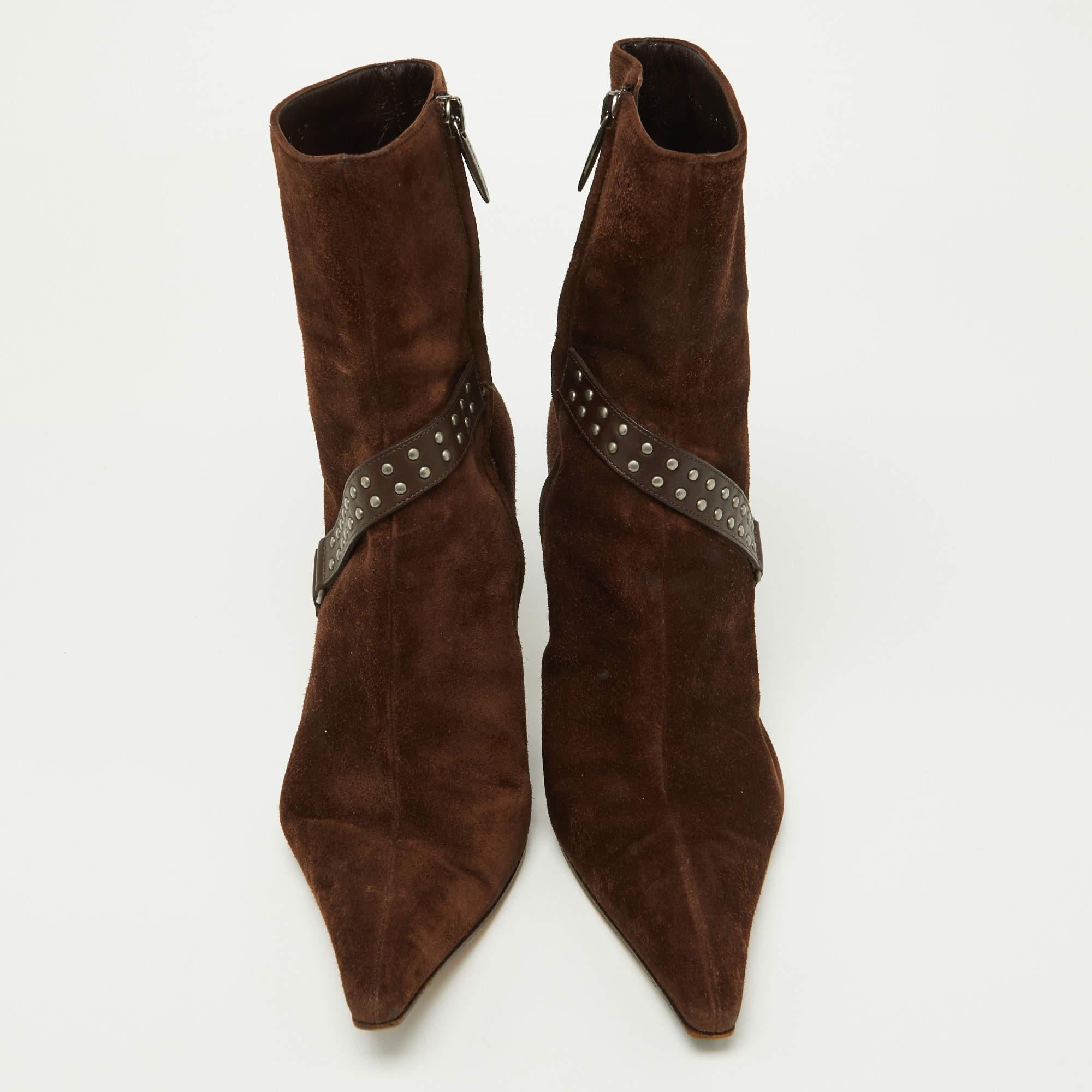 Black Sergio Rossi Brown Suede and Leather Studded Ankle Boots Size 37 For Sale