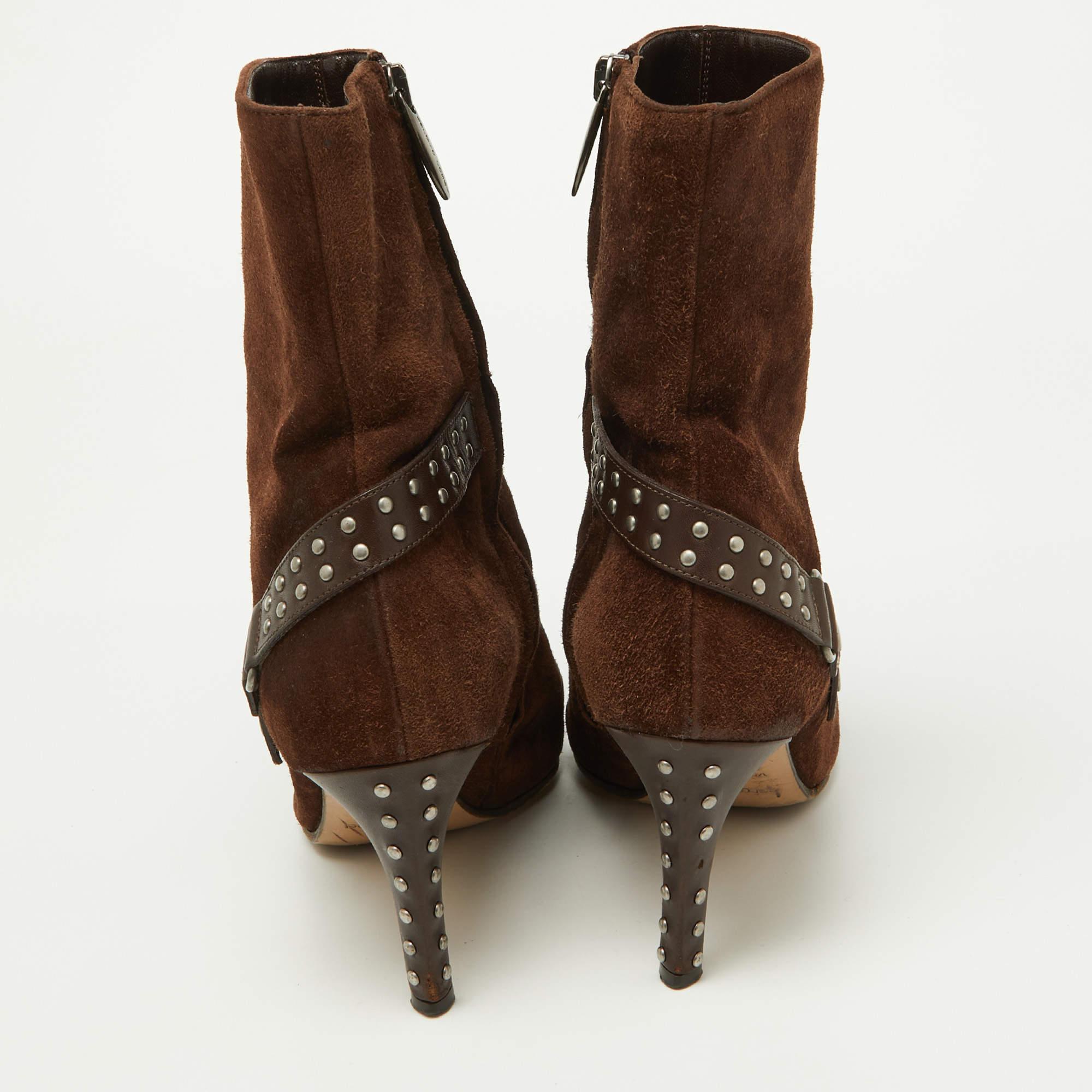Women's Sergio Rossi Brown Suede and Leather Studded Ankle Boots Size 37 For Sale