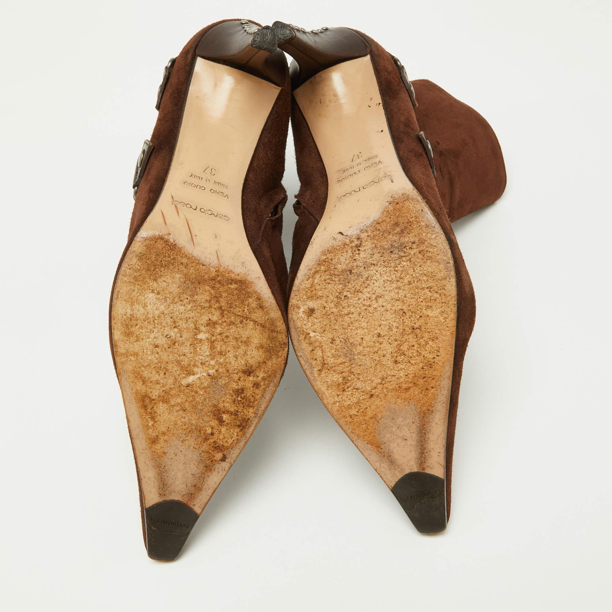 Sergio Rossi Brown Suede and Leather Studded Ankle Boots Size 37 For Sale 1