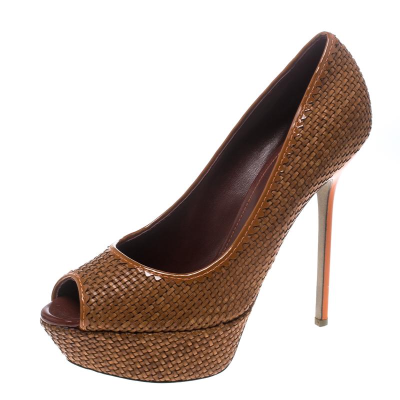 Sergio Rossi Brown Woven Leather Peep Toe Platform Pumps Size 41