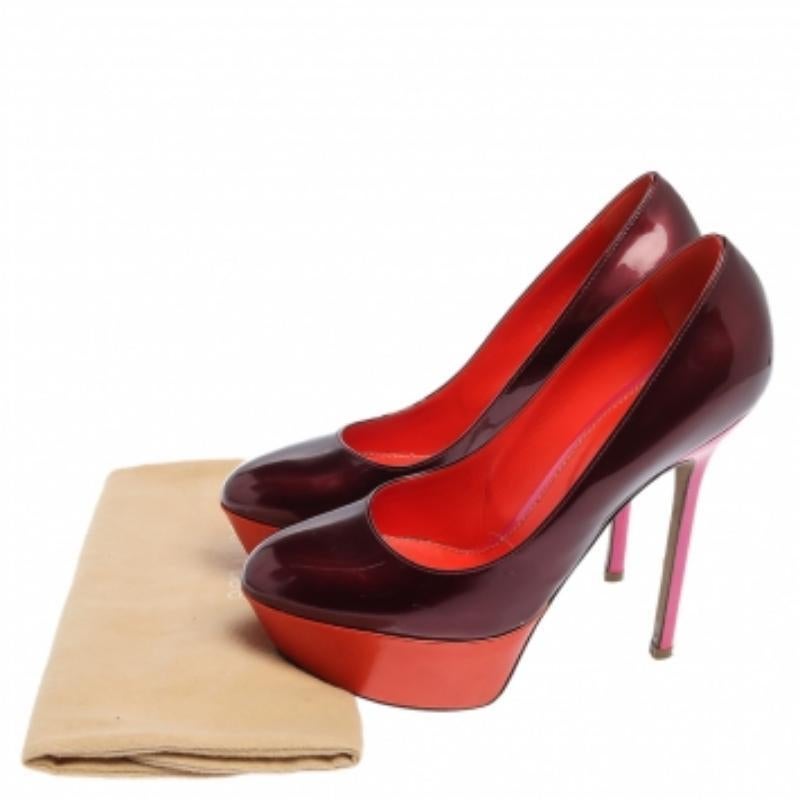 Brown Sergio Rossi Burgundy/Orange Patent Leather Platform Pumps Size 36 For Sale