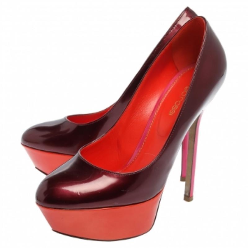 Women's Sergio Rossi Burgundy/Orange Patent Leather Platform Pumps Size 36 For Sale