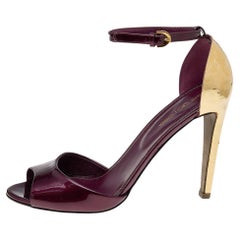 Sergio Rossi Burgundy Patent Leather Metal Heel Ankle Strap Sandals Size 39