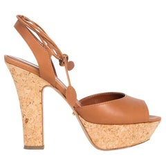 SERGIO ROSSI camel leather CORK PLATFORM Sandals Shoes 38.5