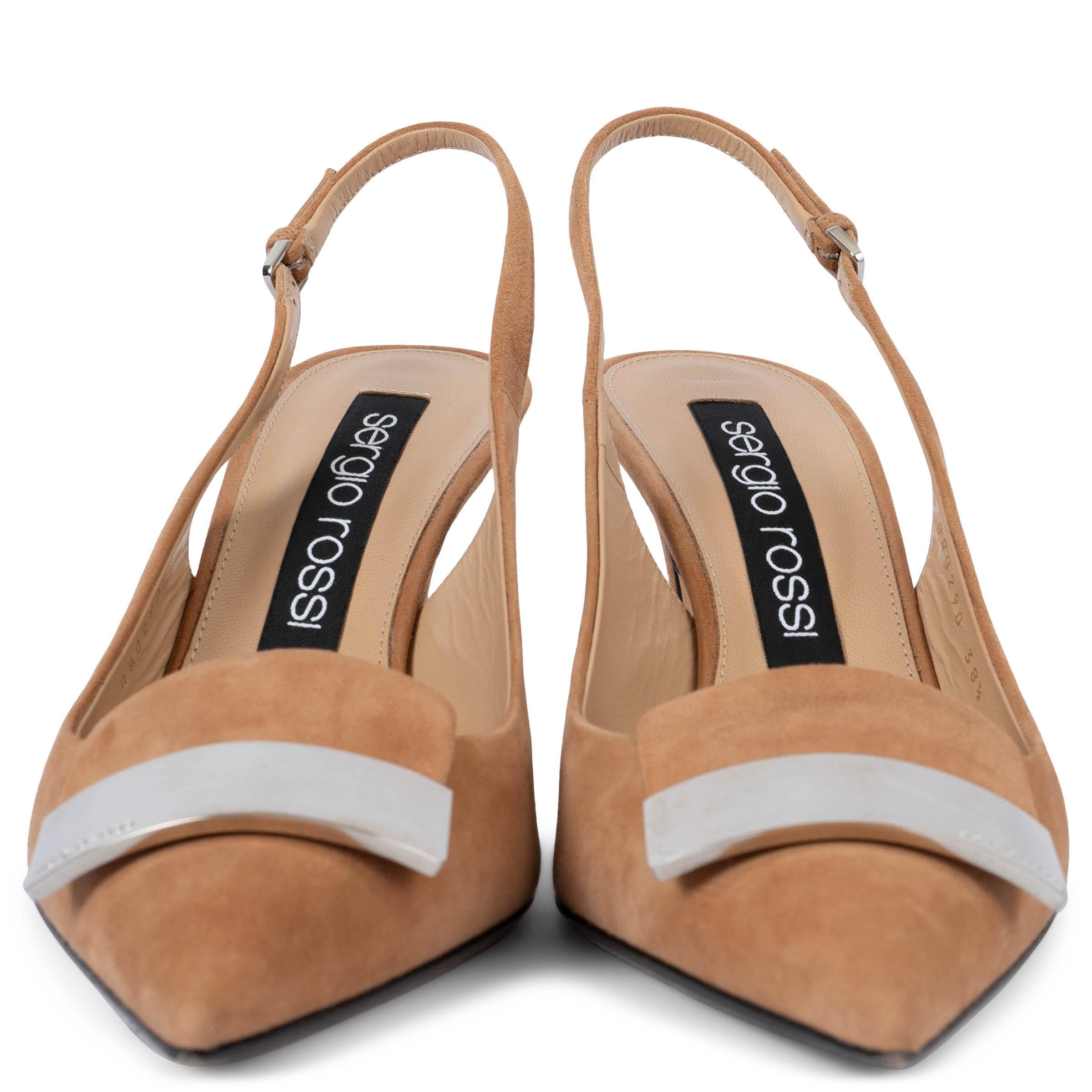 100% authentic Sergio Rossi SR1 slingback pumps in light cognac suede leather embellished with iconic silver-tone metal plaque on the top.  Have been worn and are in excellent condition. 

Measurements
Imprinted Size	38.5
Shoe Size	38.5
Inside