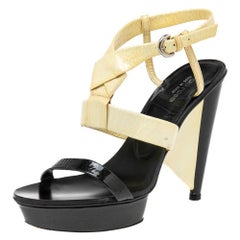 Sergio Rossi Cream/Black Patent Leather Platform Ankle Strap Sandals Size 39