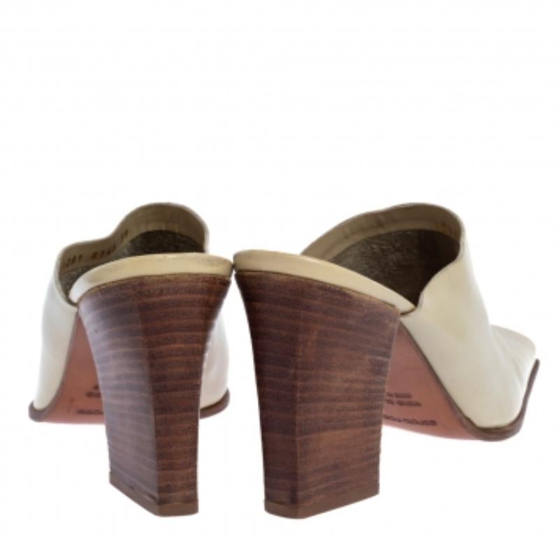 Beige Sergio Rossi Cream Leather Block Heel Square Toe Mules Size 39 For Sale
