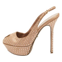 Sergio Rossi Crystal Embellished Satin Peep Toe Platform Slingback Pumps 38.5