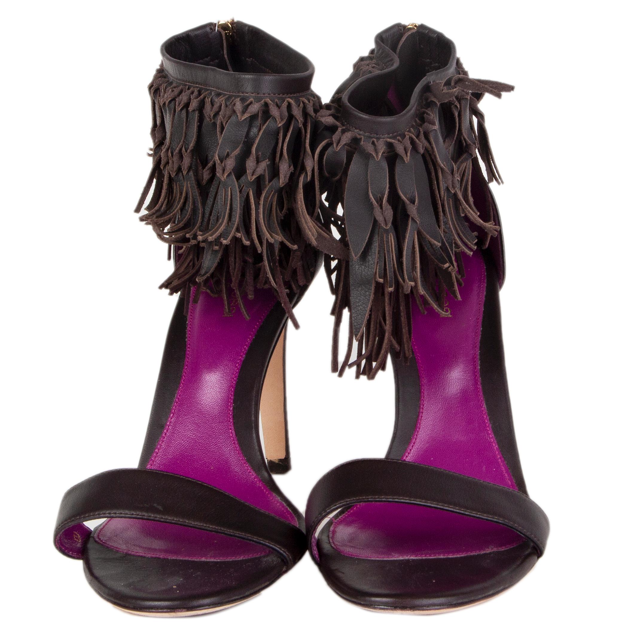 100% authentic Sergio Rossi fringe ankle-strap sandals in dark brown leather. Open with a zipper at the heel. Have been worn once and are in excellent conditon. 

Measurements
Imprinted Size	38
Shoe Size	38
Inside Sole	24.5cm (9.6in)
Width	8cm