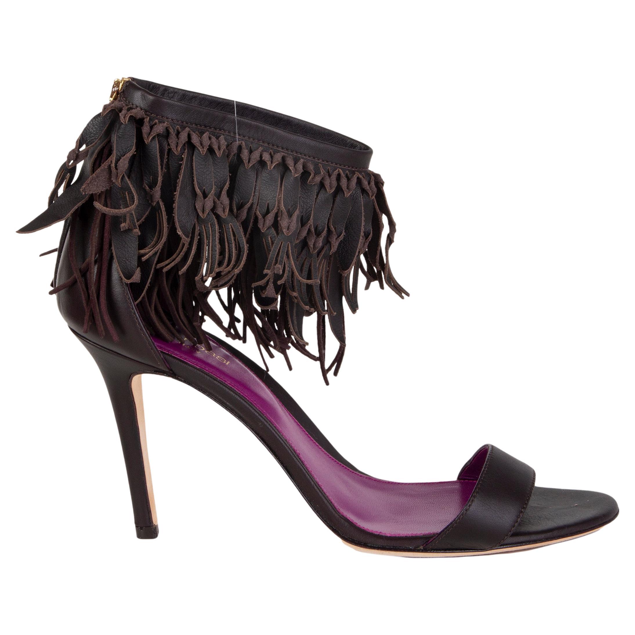 SERGIO ROSSI dark brown leather FRINGE ANKLE STRAP Sandals Shoes 38