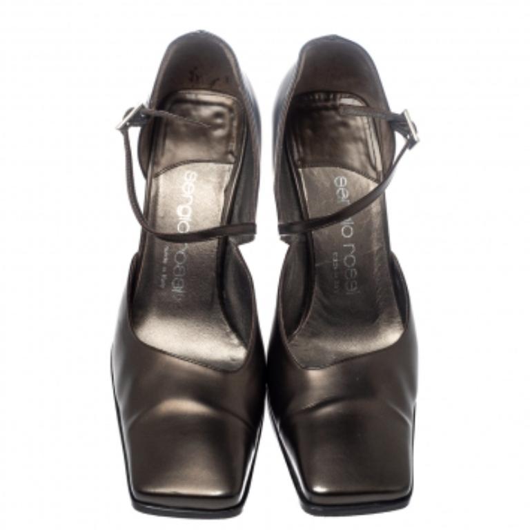 Black Sergio Rossi Dark Grey Leather Ankle Strap Square Toe Pumps Size 37.5 For Sale