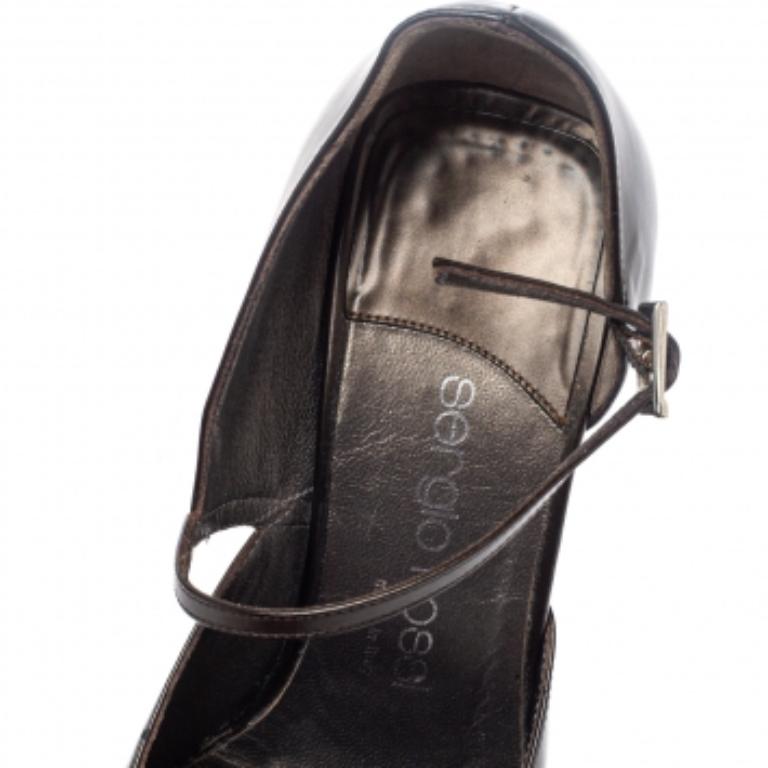 Women's Sergio Rossi Dark Grey Leather Ankle Strap Square Toe Pumps Size 37.5 For Sale