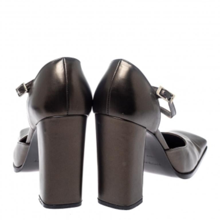 Sergio Rossi Dark Grey Leather Ankle Strap Square Toe Pumps Size 37.5 For Sale 1