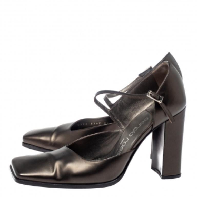 Sergio Rossi Dark Grey Leather Ankle Strap Square Toe Pumps Size 37.5 For Sale 2