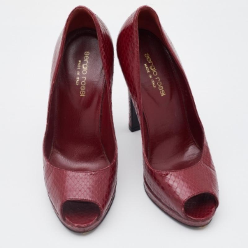 Black Sergio Rossi Dark Red Python Leather Peep Toe Pumps Size 36 For Sale