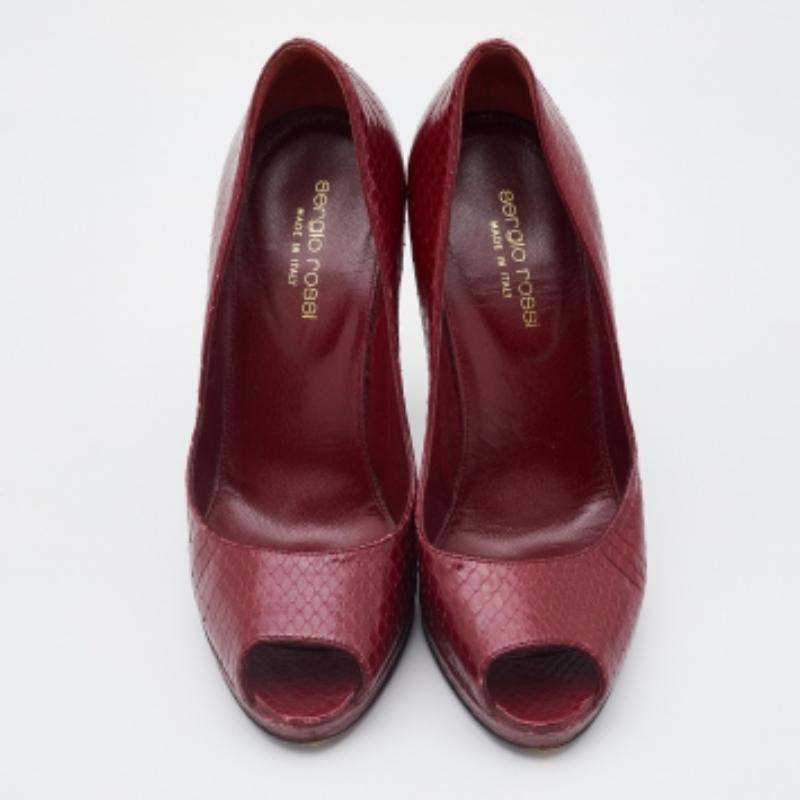 Sergio Rossi Dark Red Python Leather Peep Toe Pumps Size 36 For Sale 1
