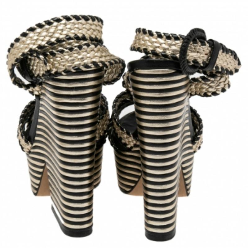  Sergio Rossi - Sandales à talons compensés en cuir tressé or/noir - Taille 35 Pour femmes 