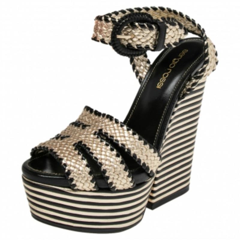 Sergio Rossi - Sandales à talons compensés en cuir tressé or/noir - Taille 35 2