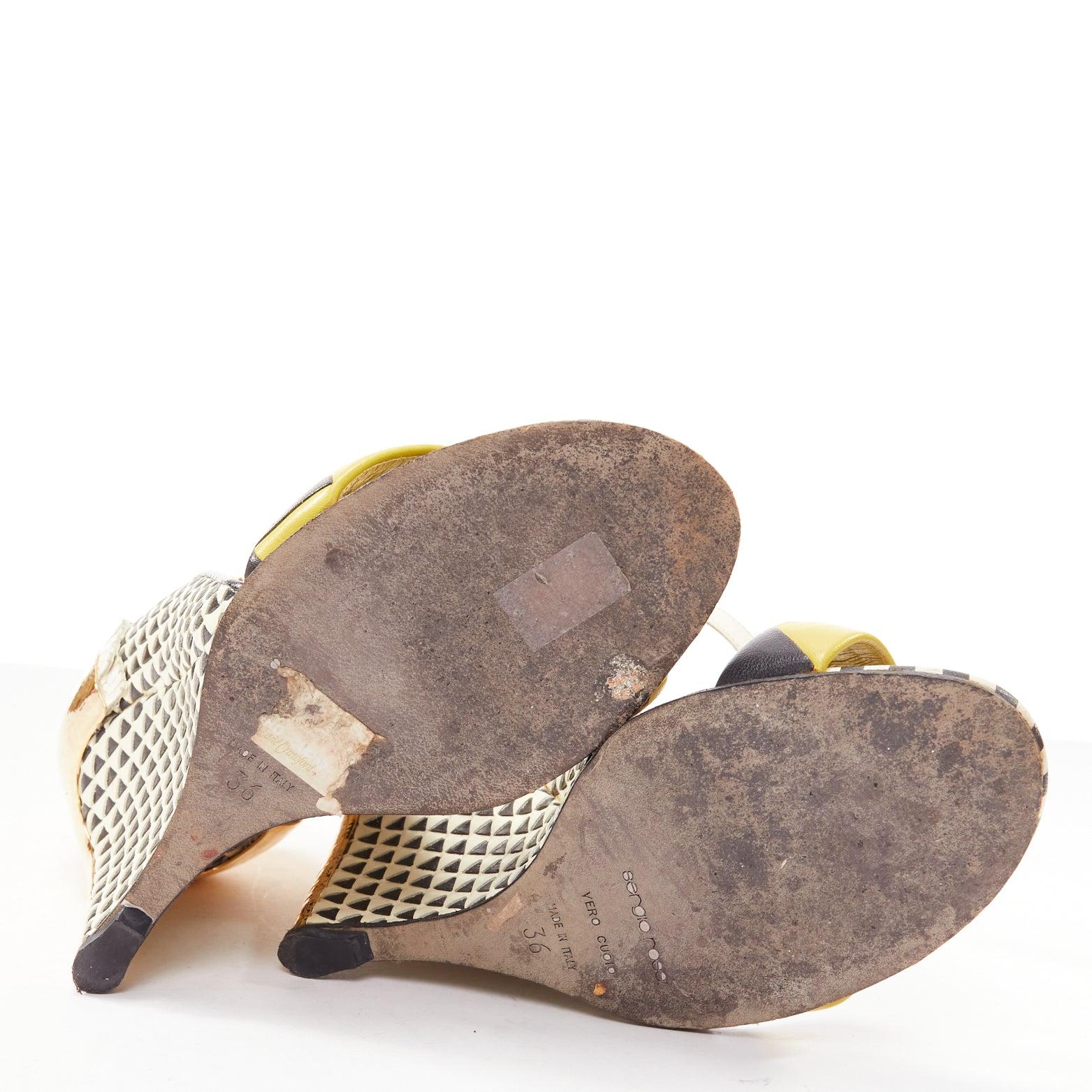 SERGIO ROSSI gold cap heel geometric yellow black wedge sandals EU36 For Sale 6
