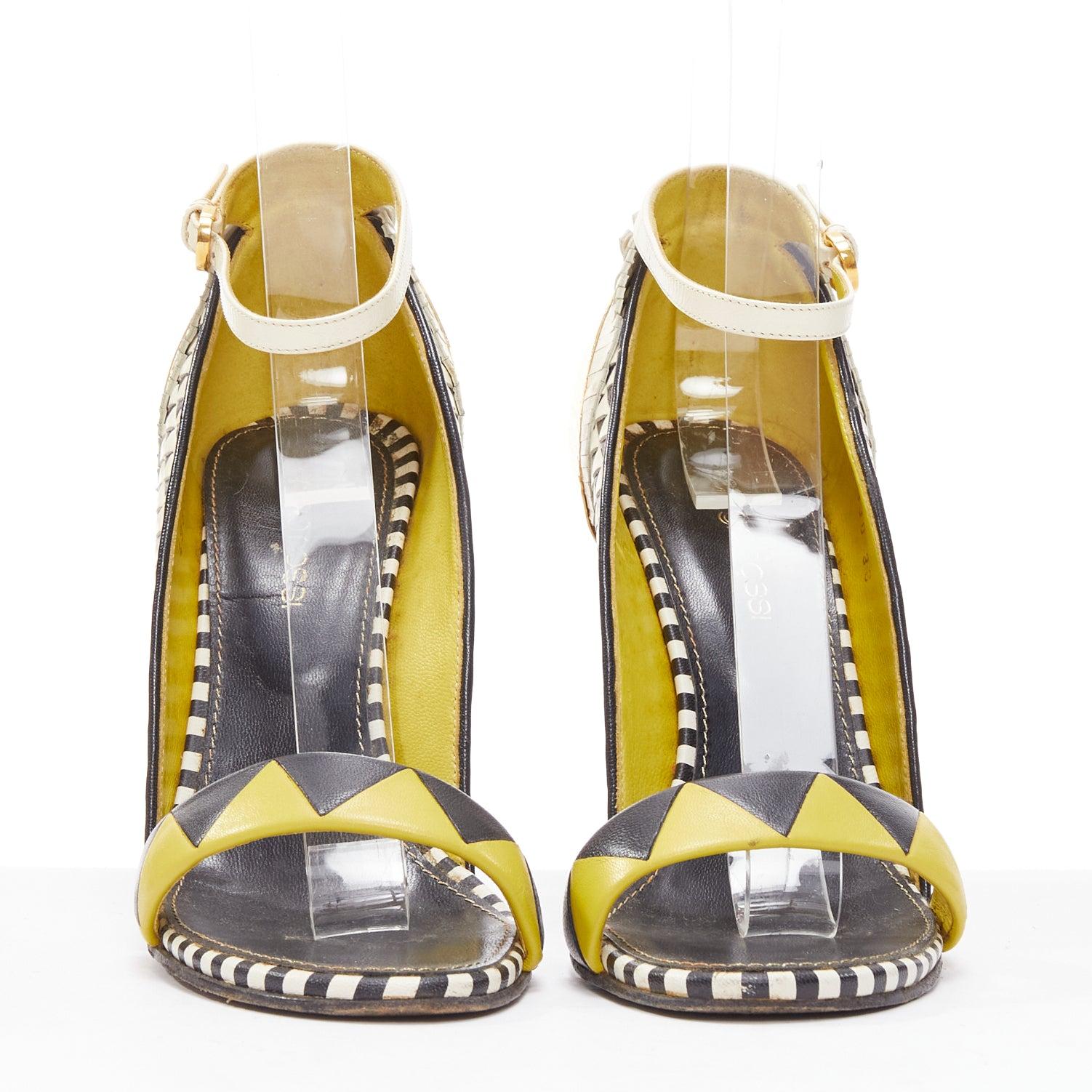 Beige SERGIO ROSSI gold cap heel geometric yellow black wedge sandals EU36 For Sale
