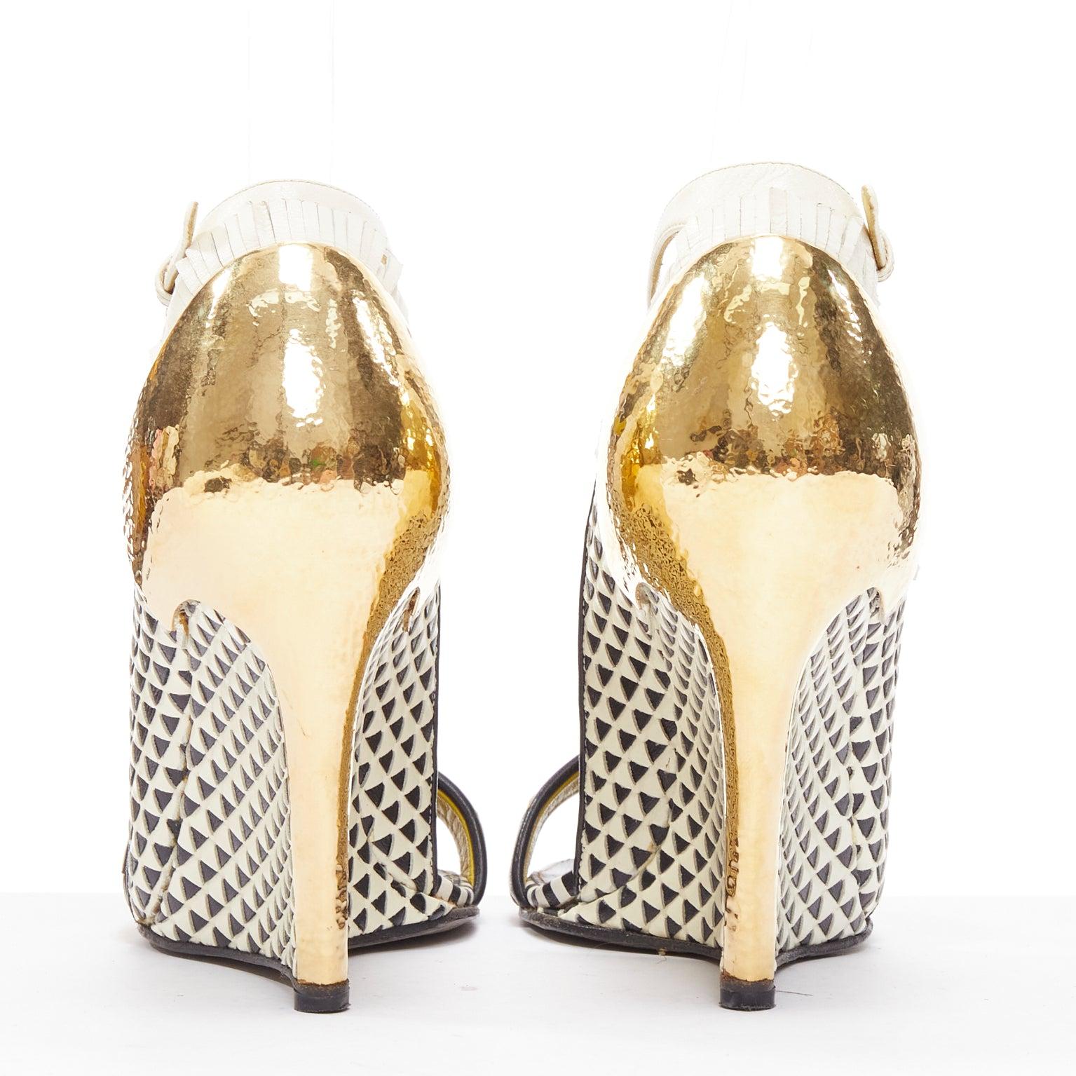 Women's SERGIO ROSSI gold cap heel geometric yellow black wedge sandals EU36 For Sale