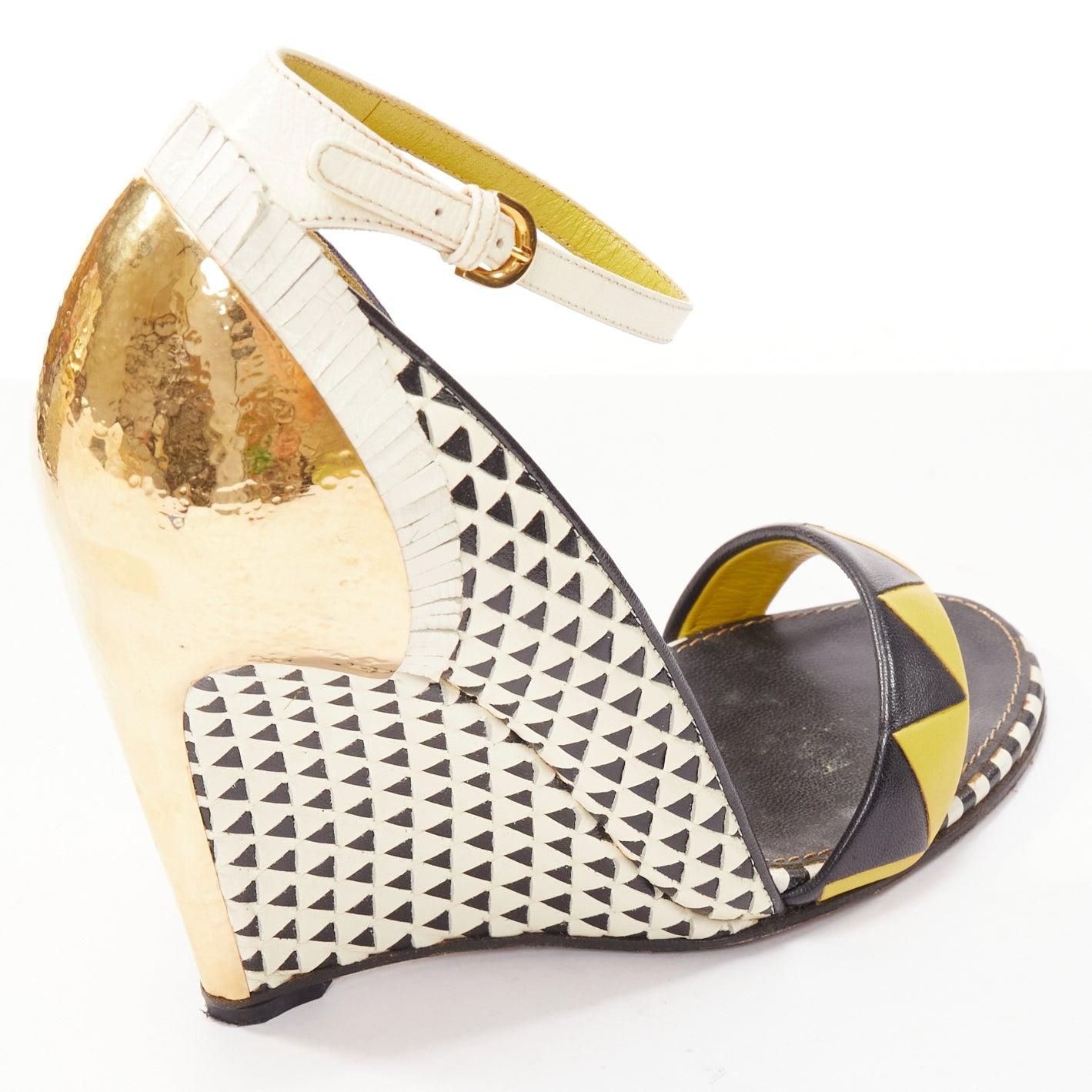 SERGIO ROSSI gold cap heel geometric yellow black wedge sandals EU36 For Sale 3