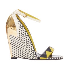 SERGIO ROSSI gold cap heel geometric yellow black wedge sandals EU36