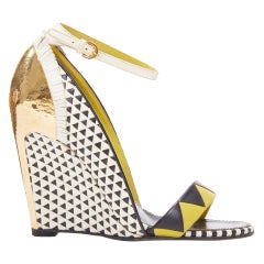SERGIO ROSSI gold cap heel geometric yellow black wedge sandals EU36