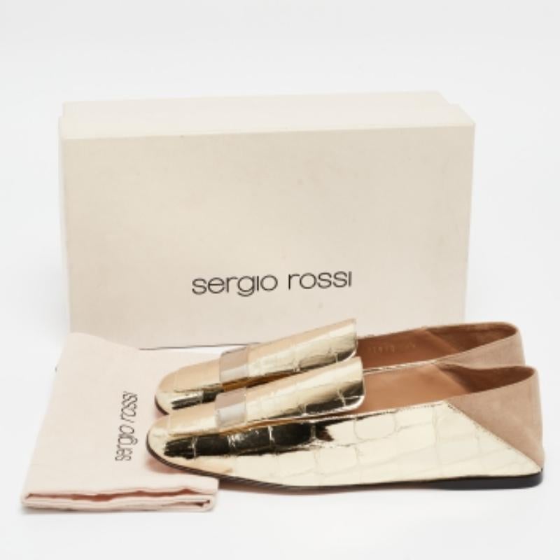 Sergio Rossi Mocasines plegables de ante y charol de cocodrilo dorado SR1 Talla 36.5 en venta 3