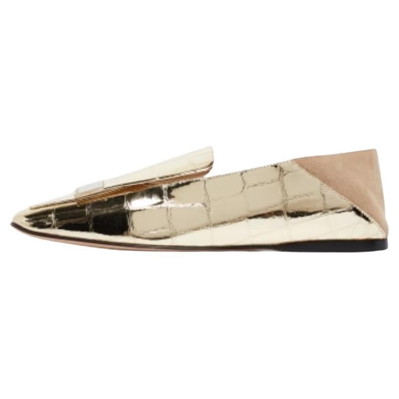 Sergio Rossi Gold Croc Patent Leather & Suede SR1 Collapsible Loafers Size 36.5