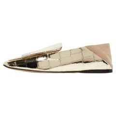 Sergio Rossi Gold Croc Patent Leather & Suede SR1 Collapsible Loafers Size 36.5