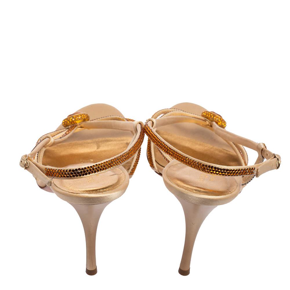 Sergio Rossi Gold Crystals Embellished Satin Slingback Sandals Size 41 In New Condition For Sale In Dubai, Al Qouz 2